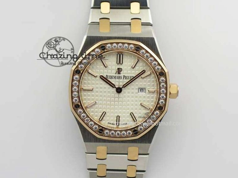 Lady Royal Oak 33mm 15000 SS RG JF 1:1 Best Edition White Dial Dia Bezel On SS RG Bracelet Ronda Quartz