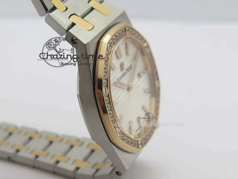 Lady Royal Oak 33mm 15000 SS RG JF 1:1 Best Edition White Dial Dia Bezel On SS RG Bracelet Ronda Quartz