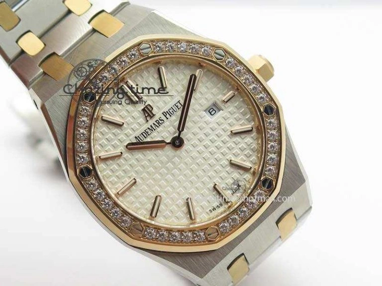 Lady Royal Oak 33mm 15000 SS RG JF 1:1 Best Edition White Dial Dia Bezel On SS RG Bracelet Ronda Quartz