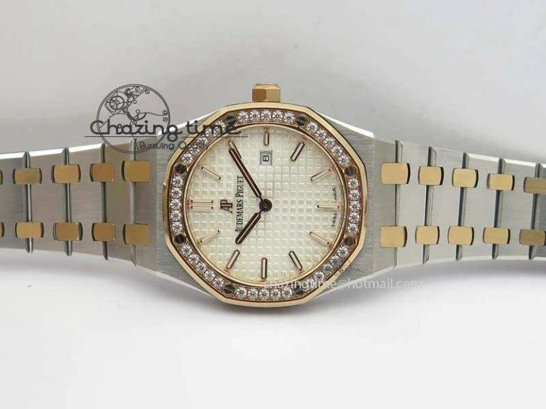 Lady Royal Oak 33mm 15000 SS RG JF 1:1 Best Edition White Dial Dia Bezel On SS RG Bracelet Ronda Quartz