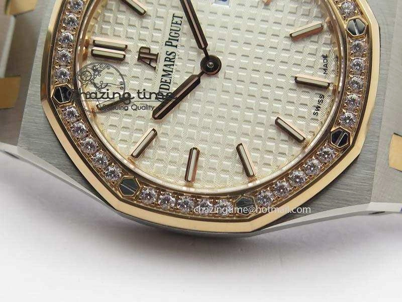 Lady Royal Oak 33mm 15000 SS RG JF 1:1 Best Edition White Dial Dia Bezel On SS RG Bracelet Ronda Quartz