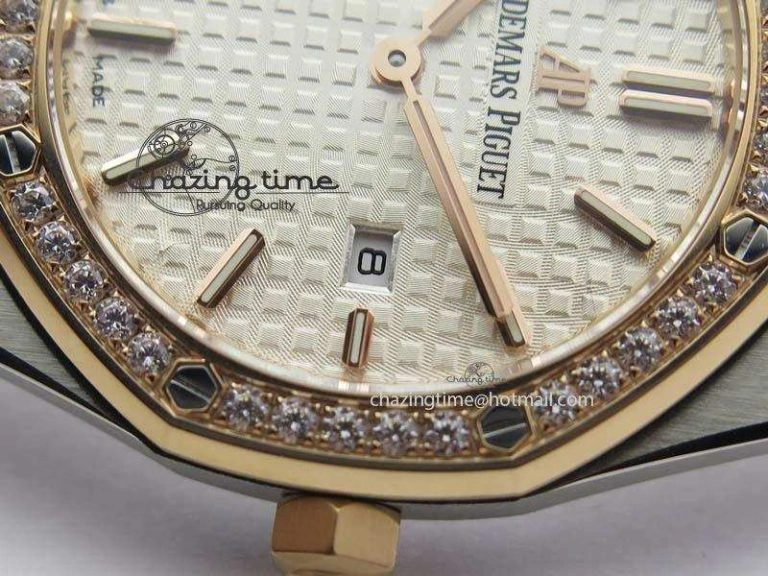 Lady Royal Oak 33mm 15000 SS RG JF 1:1 Best Edition White Dial Dia Bezel On SS RG Bracelet Ronda Quartz