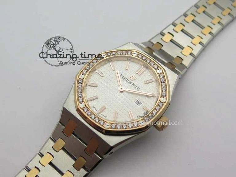 Lady Royal Oak 33mm 15000 SS RG JF 1:1 Best Edition White Dial Dia Bezel On SS RG Bracelet Ronda Quartz