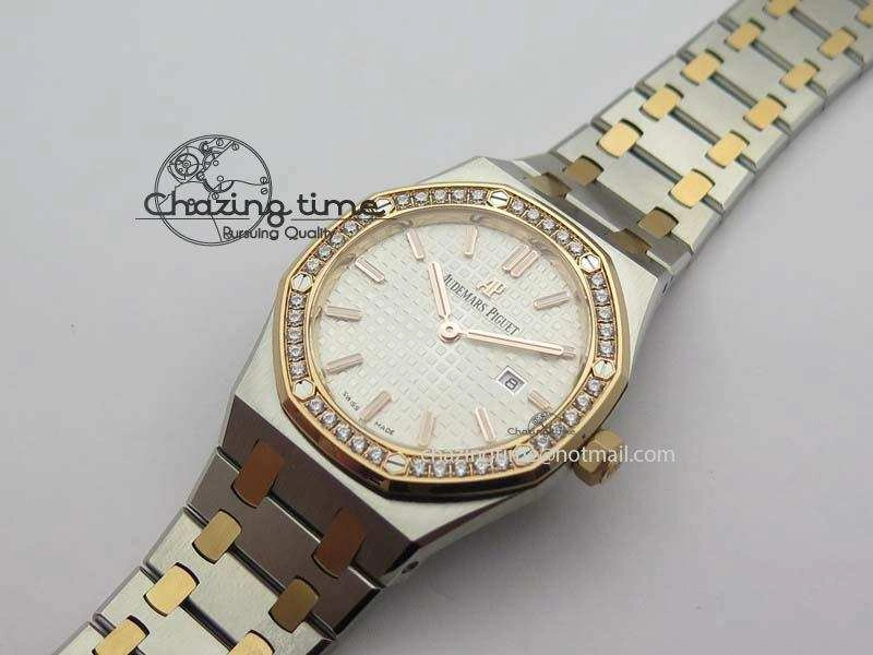 Lady Royal Oak 33mm 15000 SS RG JF 1:1 Best Edition White Dial Dia Bezel On SS RG Bracelet Ronda Quartz