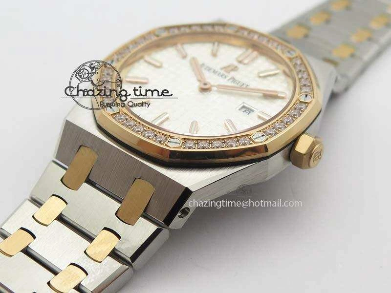Lady Royal Oak 33mm 15000 SS RG JF 1:1 Best Edition White Dial Dia Bezel On SS RG Bracelet Ronda Quartz