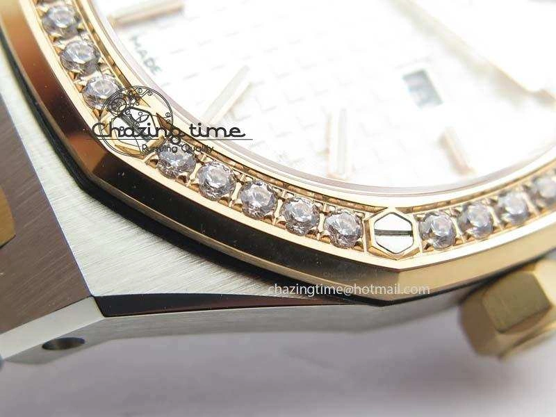 Lady Royal Oak 33mm 15000 SS RG JF 1:1 Best Edition White Dial Dia Bezel On SS RG Bracelet Ronda Quartz