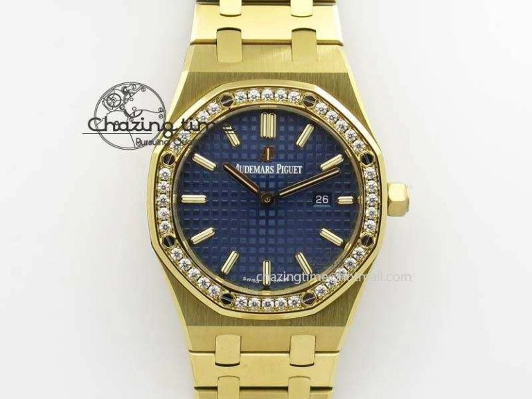Lady Royal Oak 33mm 15000 YG JF 1:1 Best Edition Blue Textured Dial On YG Bracelet Ronda Quartz