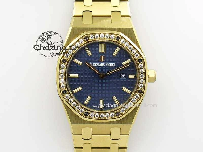 Lady Royal Oak 33mm 15000 YG JF 1:1 Best Edition Blue Textured Dial On YG Bracelet Ronda Quartz