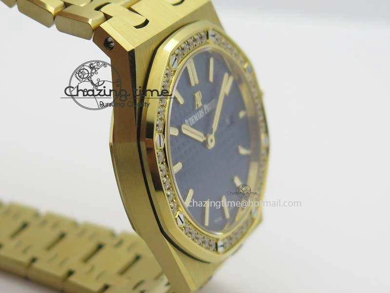Lady Royal Oak 33mm 15000 YG JF 1:1 Best Edition Blue Textured Dial On YG Bracelet Ronda Quartz