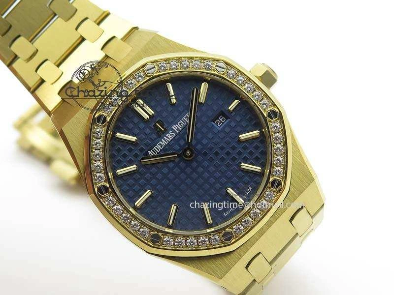 Lady Royal Oak 33mm 15000 YG JF 1:1 Best Edition Blue Textured Dial On YG Bracelet Ronda Quartz