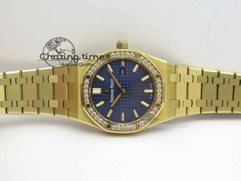Lady Royal Oak 33mm 15000 YG JF 1:1 Best Edition Blue Textured Dial On YG Bracelet Ronda Quartz