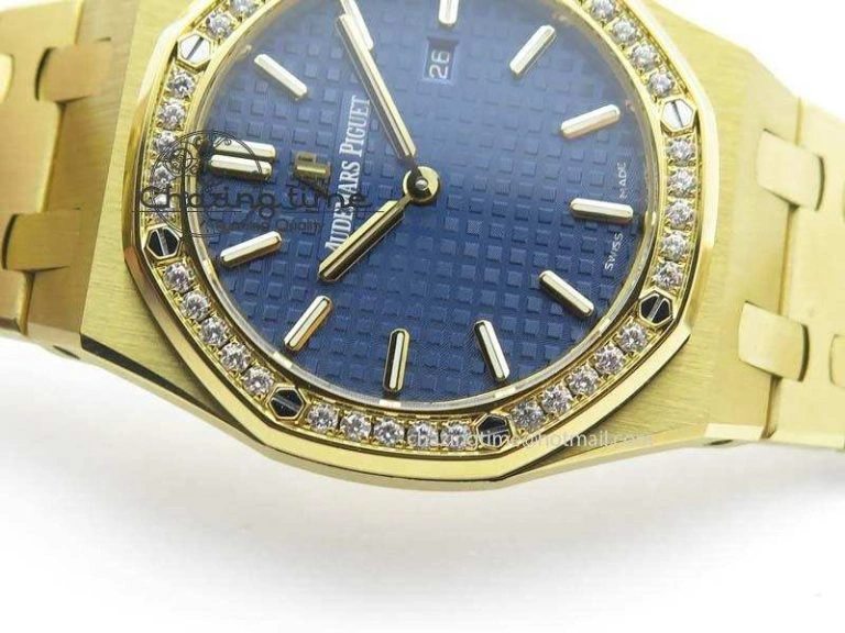 Lady Royal Oak 33mm 15000 YG JF 1:1 Best Edition Blue Textured Dial On YG Bracelet Ronda Quartz
