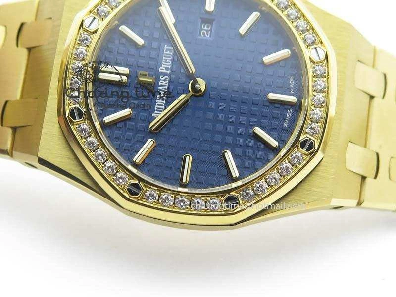 Lady Royal Oak 33mm 15000 YG JF 1:1 Best Edition Blue Textured Dial On YG Bracelet Ronda Quartz