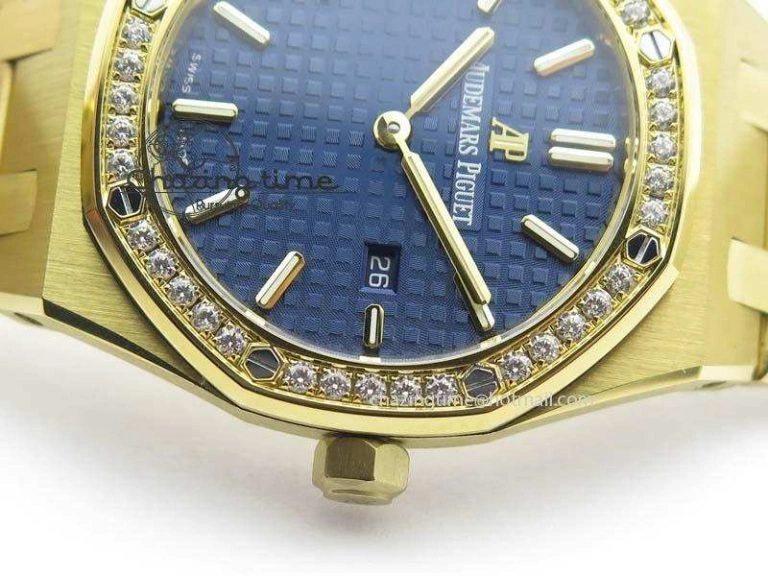 Lady Royal Oak 33mm 15000 YG JF 1:1 Best Edition Blue Textured Dial On YG Bracelet Ronda Quartz