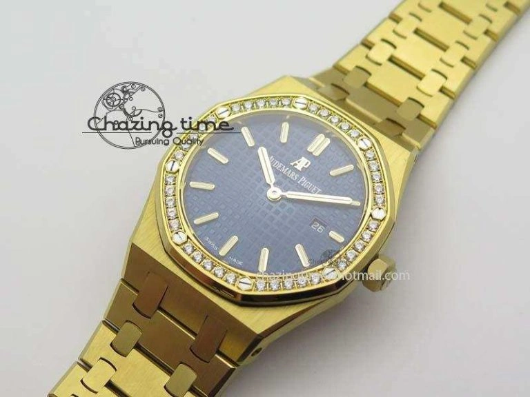 Lady Royal Oak 33mm 15000 YG JF 1:1 Best Edition Blue Textured Dial On YG Bracelet Ronda Quartz