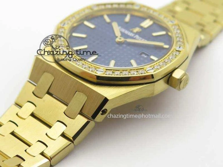 Lady Royal Oak 33mm 15000 YG JF 1:1 Best Edition Blue Textured Dial On YG Bracelet Ronda Quartz