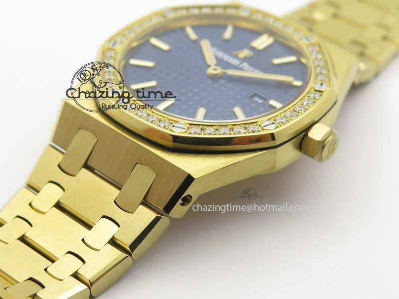 Lady Royal Oak 33mm 15000 YG JF 1:1 Best Edition Blue Textured Dial On YG Bracelet Ronda Quartz