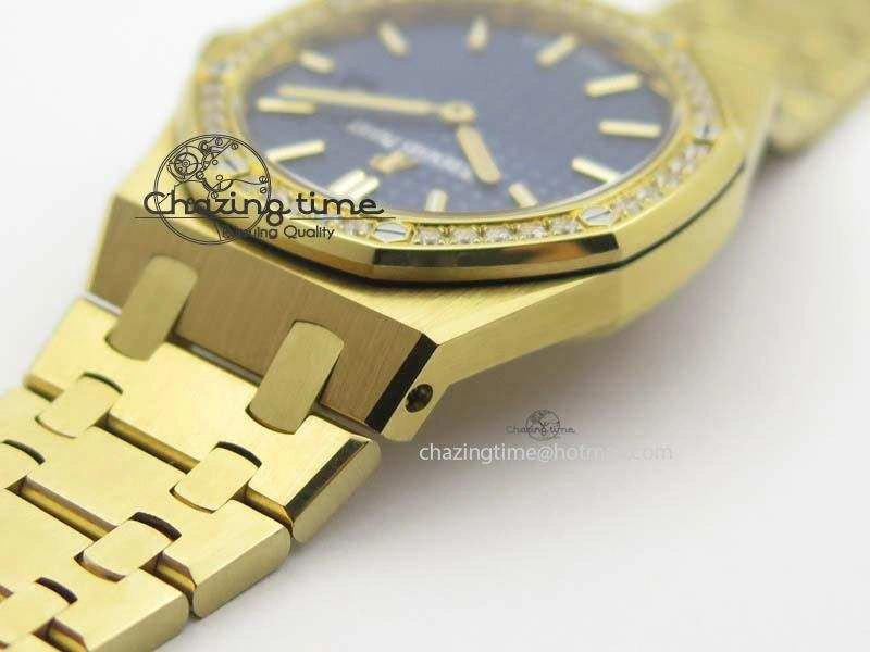 Lady Royal Oak 33mm 15000 YG JF 1:1 Best Edition Blue Textured Dial On YG Bracelet Ronda Quartz