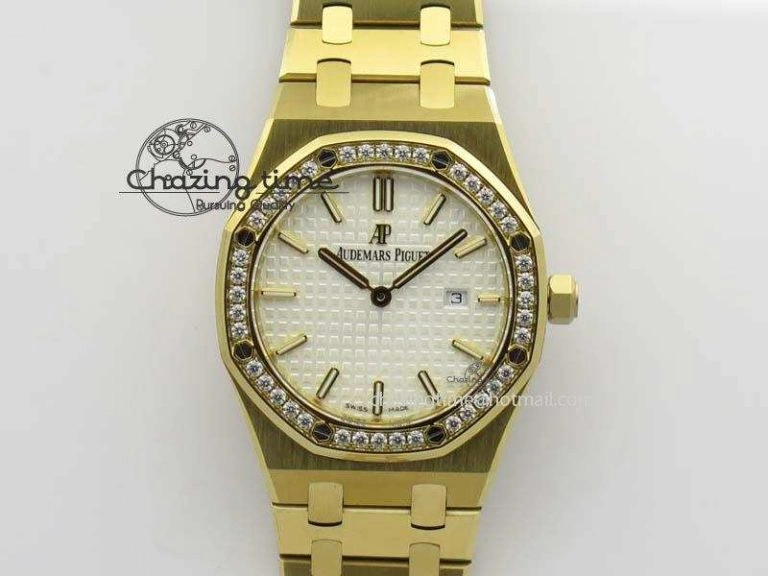 Lady Royal Oak 33mm 15000 YG JF 1:1 Best Edition White Textured Dial On YG Bracelet Ronda Quartz