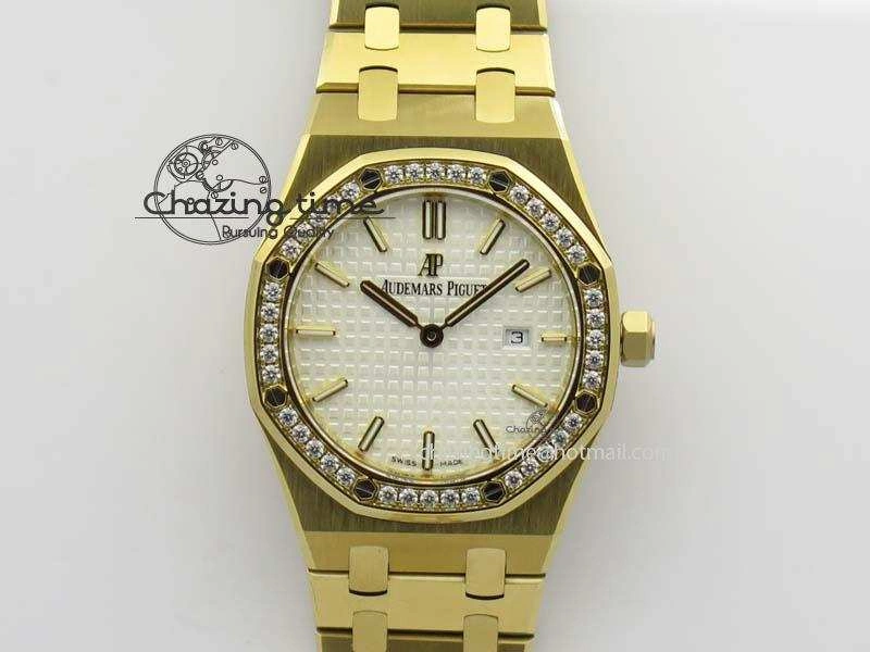 Lady Royal Oak 33mm 15000 YG JF 1:1 Best Edition White Textured Dial On YG Bracelet Ronda Quartz