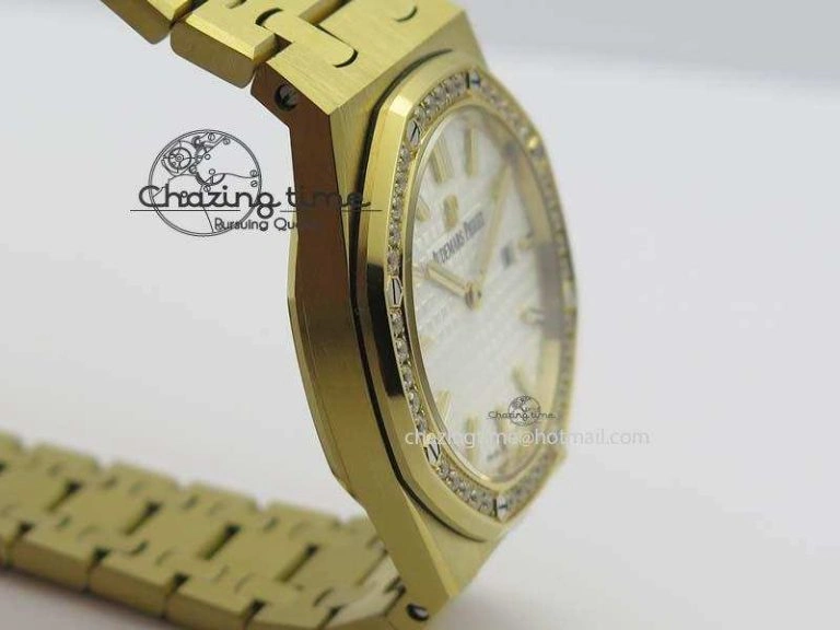 Lady Royal Oak 33mm 15000 YG JF 1:1 Best Edition White Textured Dial On YG Bracelet Ronda Quartz