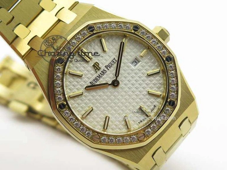 Lady Royal Oak 33mm 15000 YG JF 1:1 Best Edition White Textured Dial On YG Bracelet Ronda Quartz