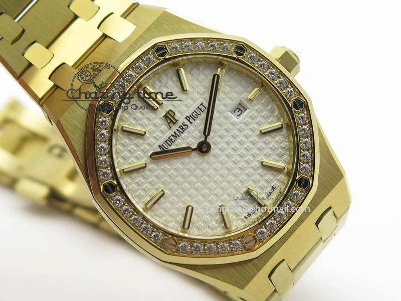 Lady Royal Oak 33mm 15000 YG JF 1:1 Best Edition White Textured Dial On YG Bracelet Ronda Quartz