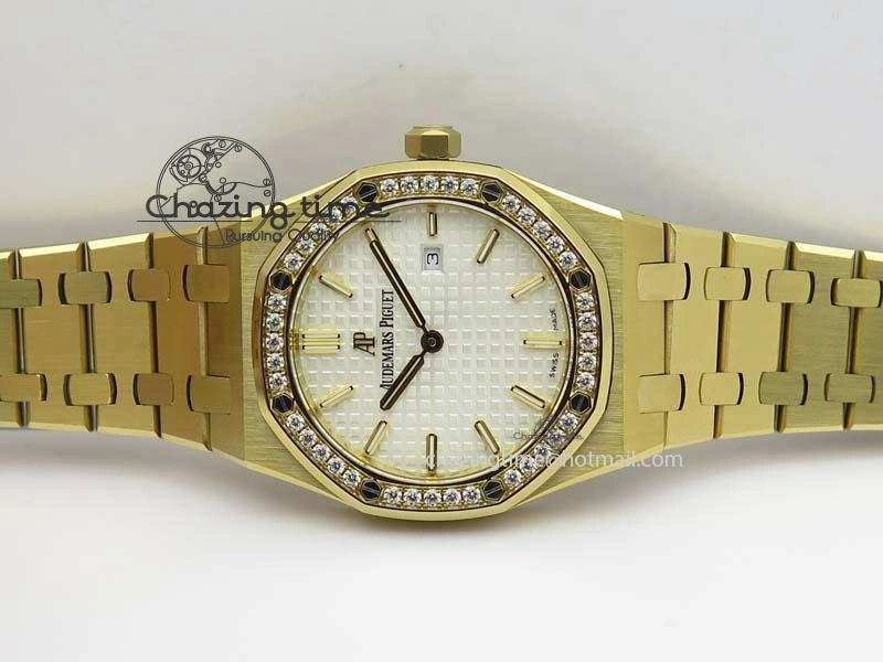 Lady Royal Oak 33mm 15000 YG JF 1:1 Best Edition White Textured Dial On YG Bracelet Ronda Quartz