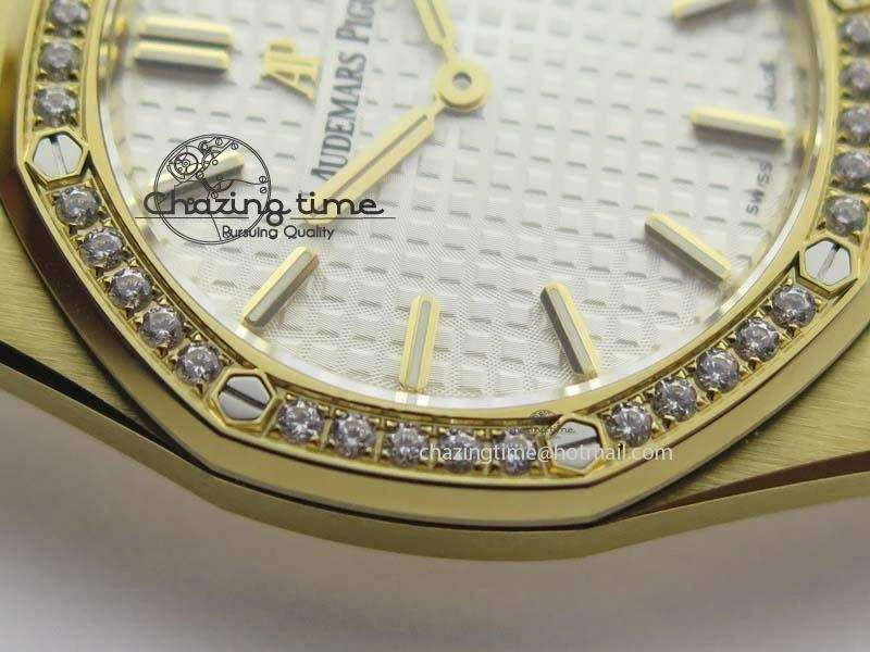 Lady Royal Oak 33mm 15000 YG JF 1:1 Best Edition White Textured Dial On YG Bracelet Ronda Quartz
