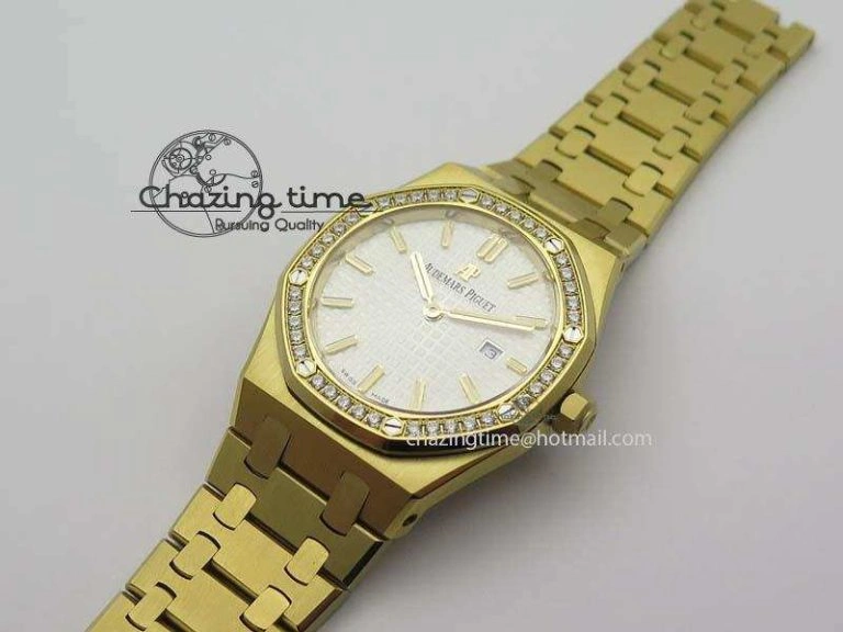 Lady Royal Oak 33mm 15000 YG JF 1:1 Best Edition White Textured Dial On YG Bracelet Ronda Quartz
