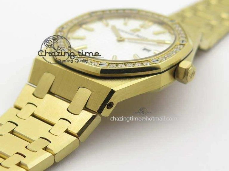 Lady Royal Oak 33mm 15000 YG JF 1:1 Best Edition White Textured Dial On YG Bracelet Ronda Quartz