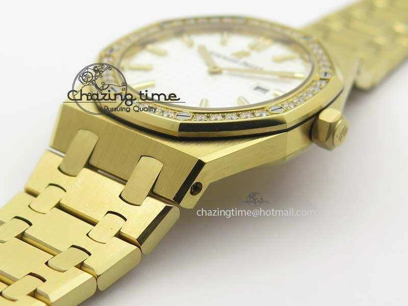Lady Royal Oak 33mm 15000 YG JF 1:1 Best Edition White Textured Dial On YG Bracelet Ronda Quartz