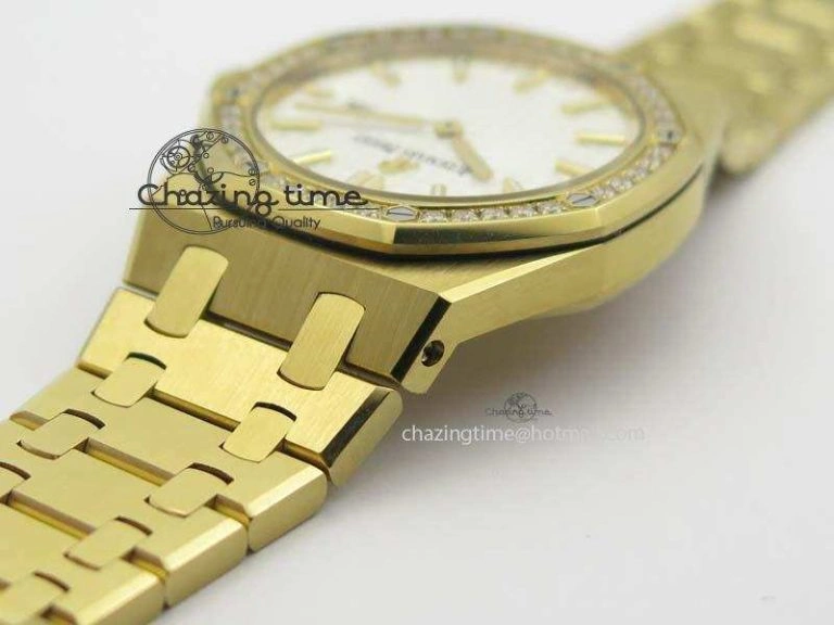 Lady Royal Oak 33mm 15000 YG JF 1:1 Best Edition White Textured Dial On YG Bracelet Ronda Quartz