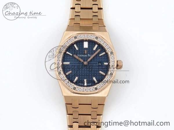 Lady Royal Oak 33mm 67651 Diamonds Bezel RG ZF 1:1 Best Edition Blue Textured Dial on RG Bracelet RONDA Quartz