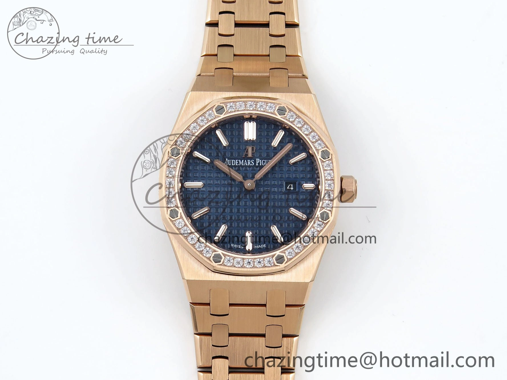 Lady Royal Oak 33mm 67651 Diamonds Bezel RG ZF 1:1 Best Edition Blue Textured Dial on RG Bracelet RONDA Quartz