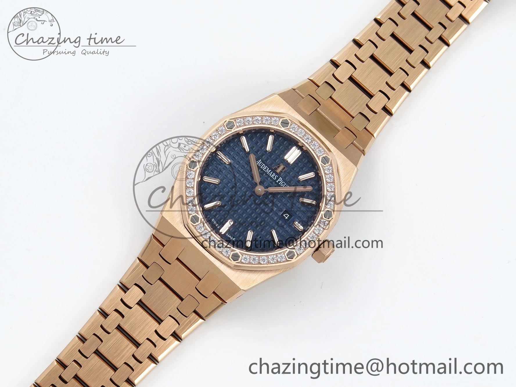 Lady Royal Oak 33mm 67651 Diamonds Bezel RG ZF 1:1 Best Edition Blue Textured Dial on RG Bracelet RONDA Quartz