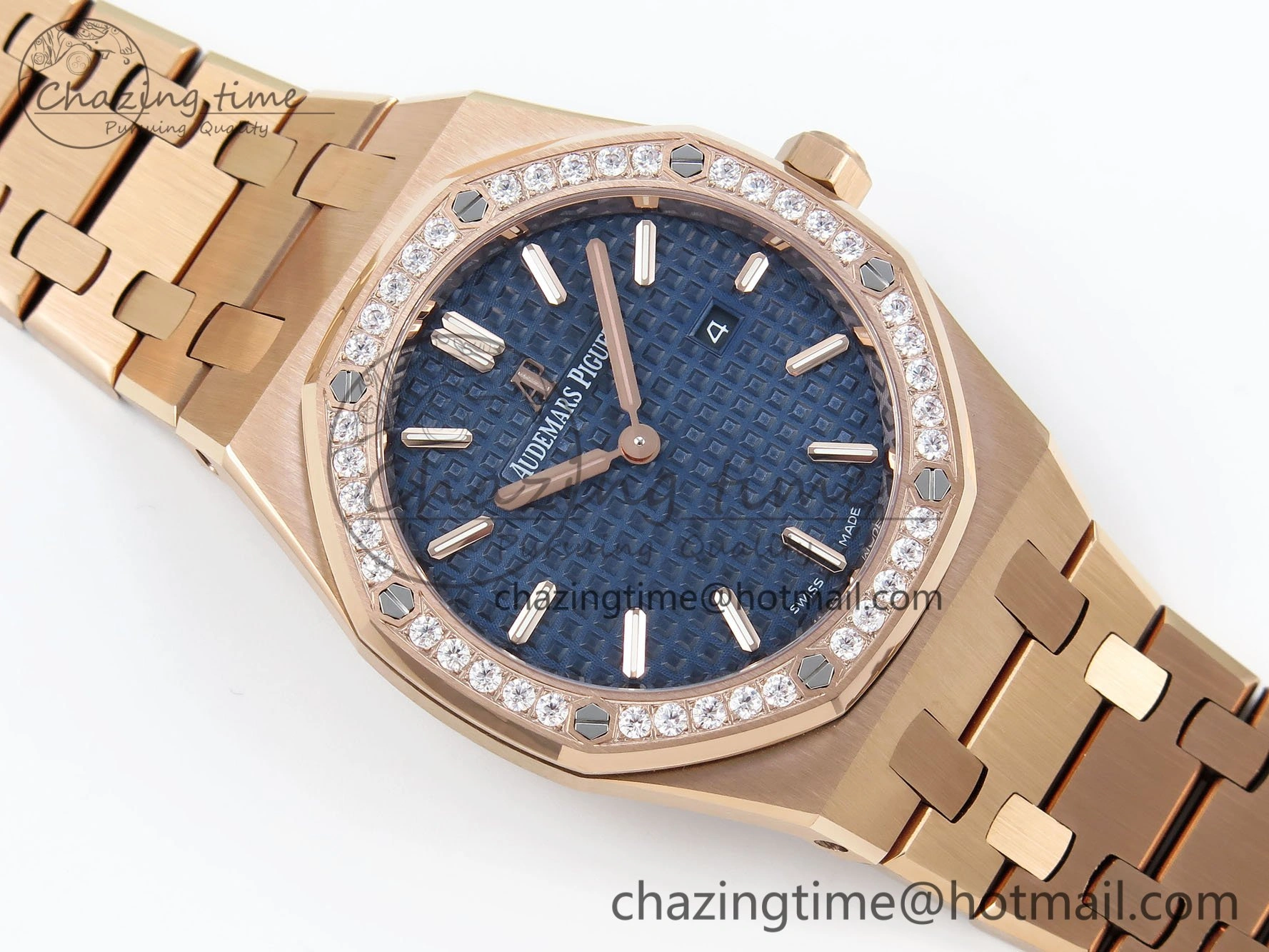 Lady Royal Oak 33mm 67651 Diamonds Bezel RG ZF 1:1 Best Edition Blue Textured Dial on RG Bracelet RONDA Quartz