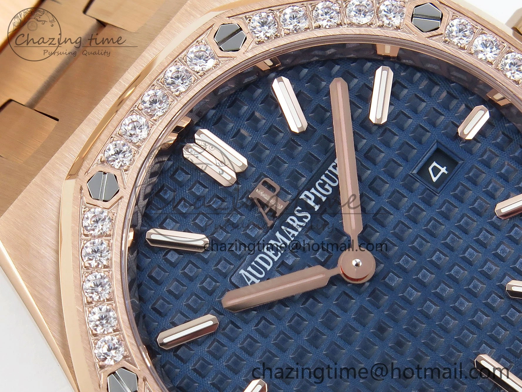 Lady Royal Oak 33mm 67651 Diamonds Bezel RG ZF 1:1 Best Edition Blue Textured Dial on RG Bracelet RONDA Quartz