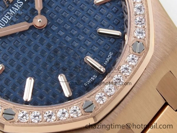 Lady Royal Oak 33mm 67651 Diamonds Bezel RG ZF 1:1 Best Edition Blue Textured Dial on RG Bracelet RONDA Quartz