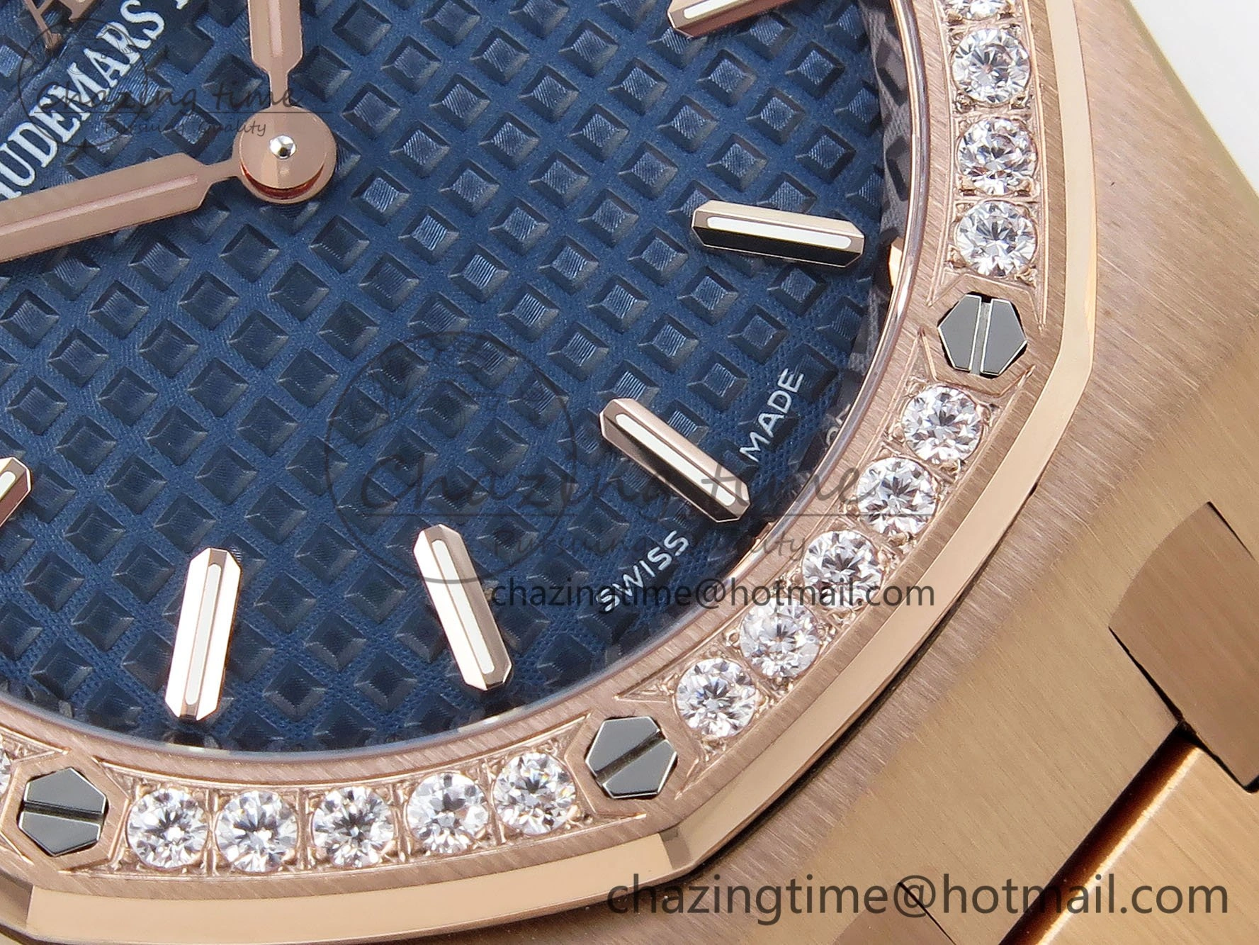 Lady Royal Oak 33mm 67651 Diamonds Bezel RG ZF 1:1 Best Edition Blue Textured Dial on RG Bracelet RONDA Quartz