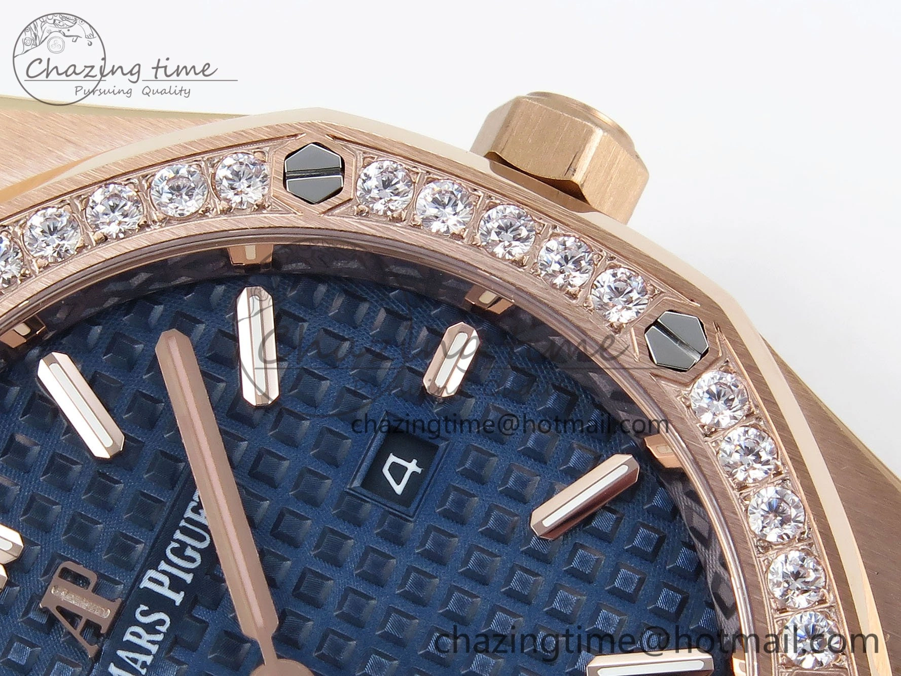 Lady Royal Oak 33mm 67651 Diamonds Bezel RG ZF 1:1 Best Edition Blue Textured Dial on RG Bracelet RONDA Quartz