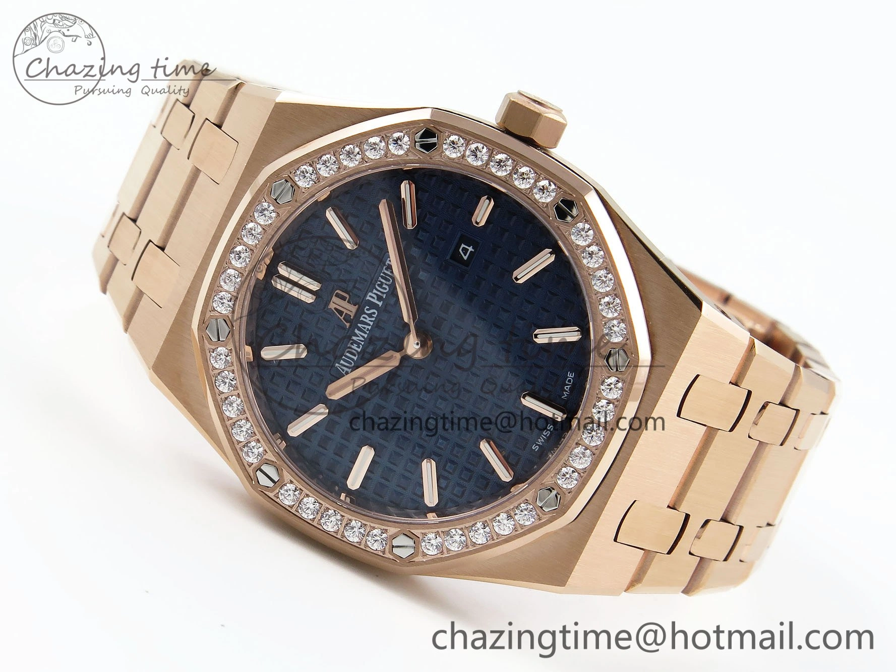Lady Royal Oak 33mm 67651 Diamonds Bezel RG ZF 1:1 Best Edition Blue Textured Dial on RG Bracelet RONDA Quartz