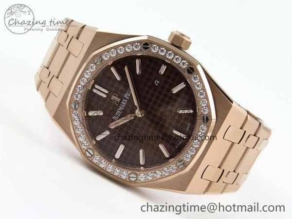 Lady Royal Oak 33mm 67651 Diamonds Bezel RG ZF 1:1 Best Edition Brown Textured Dial on RG Bracelet RONDA Quartz