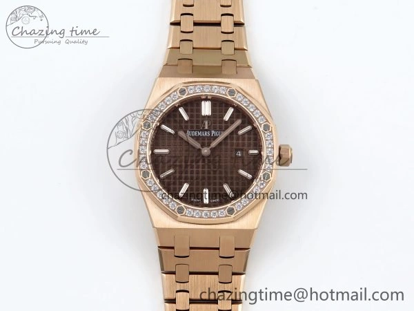 Lady Royal Oak 33mm 67651 Diamonds Bezel RG ZF 1:1 Best Edition Brown Textured Dial on RG Bracelet RONDA Quartz