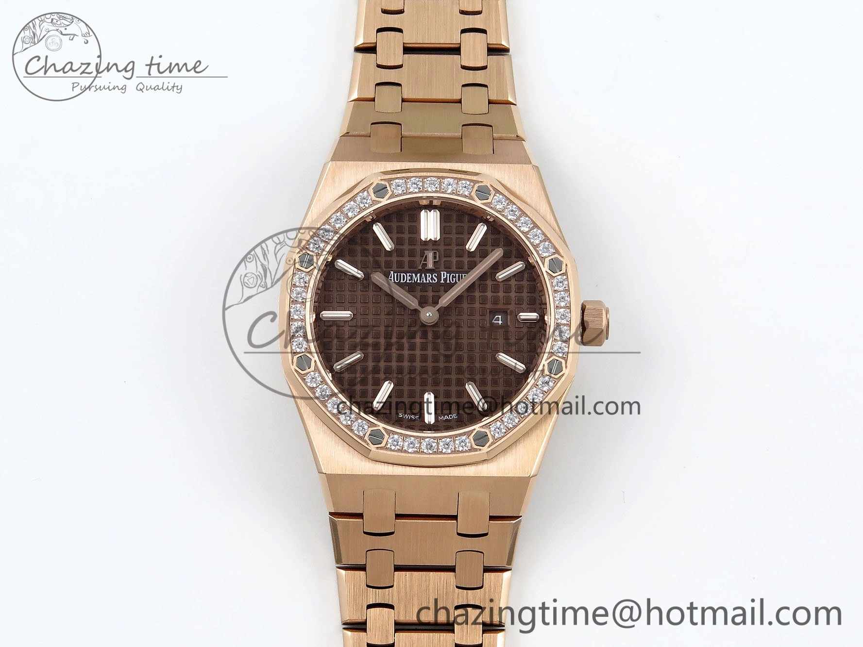 Lady Royal Oak 33mm 67651 Diamonds Bezel RG ZF 1:1 Best Edition Brown Textured Dial on RG Bracelet RONDA Quartz
