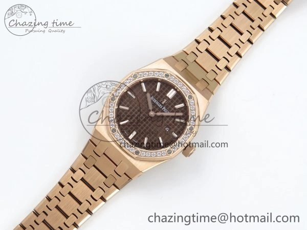 Lady Royal Oak 33mm 67651 Diamonds Bezel RG ZF 1:1 Best Edition Brown Textured Dial on RG Bracelet RONDA Quartz