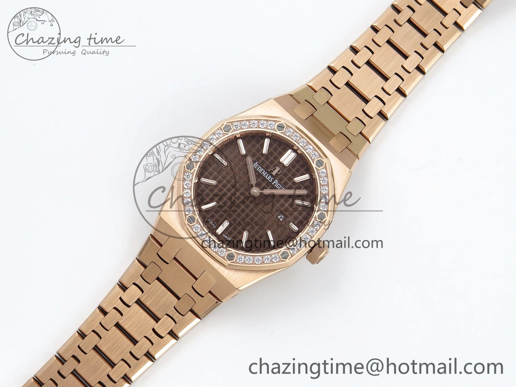 Lady Royal Oak 33mm 67651 Diamonds Bezel RG ZF 1:1 Best Edition Brown Textured Dial on RG Bracelet RONDA Quartz