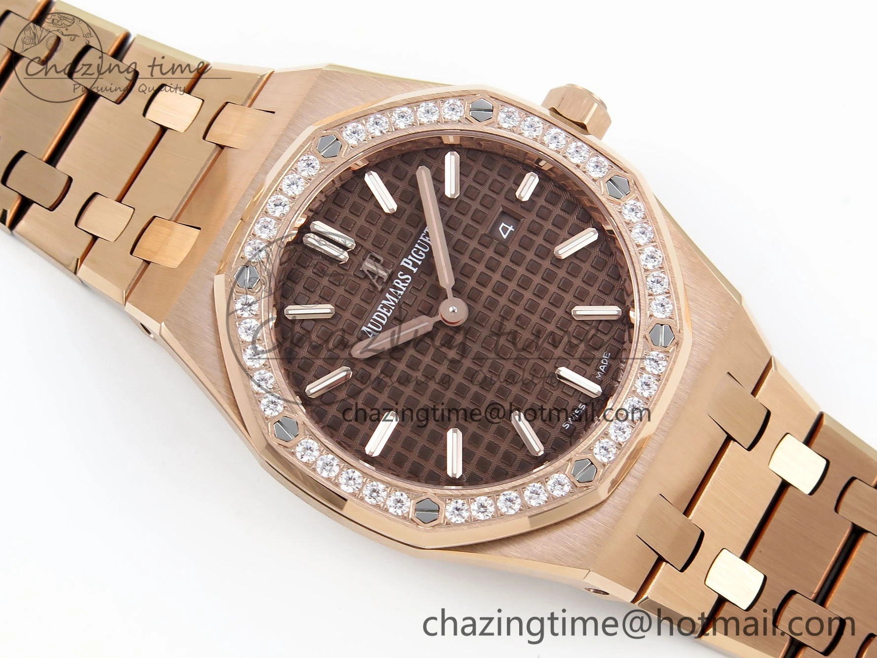 Lady Royal Oak 33mm 67651 Diamonds Bezel RG ZF 1:1 Best Edition Brown Textured Dial on RG Bracelet RONDA Quartz