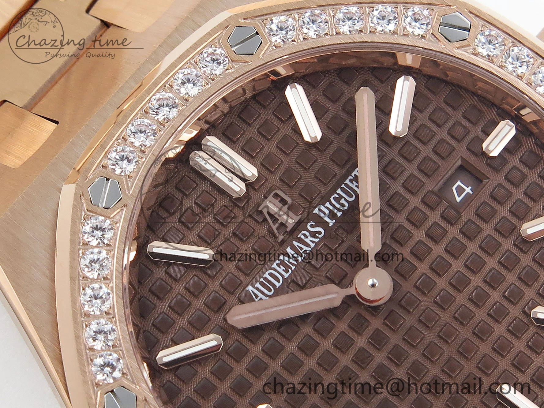 Lady Royal Oak 33mm 67651 Diamonds Bezel RG ZF 1:1 Best Edition Brown Textured Dial on RG Bracelet RONDA Quartz