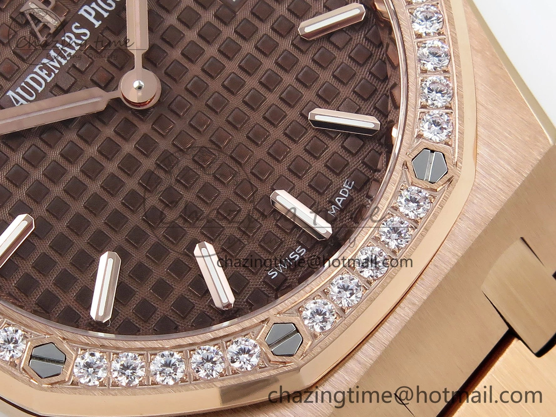 Lady Royal Oak 33mm 67651 Diamonds Bezel RG ZF 1:1 Best Edition Brown Textured Dial on RG Bracelet RONDA Quartz